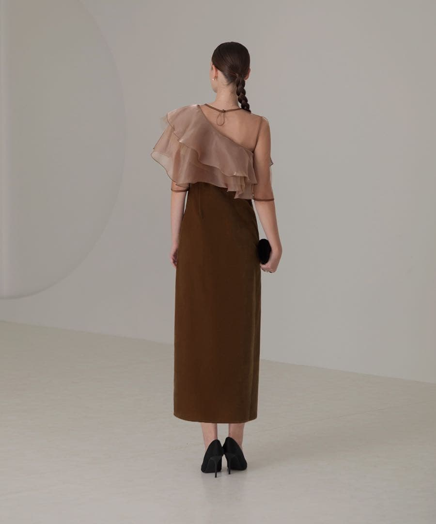 アシンメトリーティアードフリル3WAYベロアIラインドレスワンピース ブラウンM