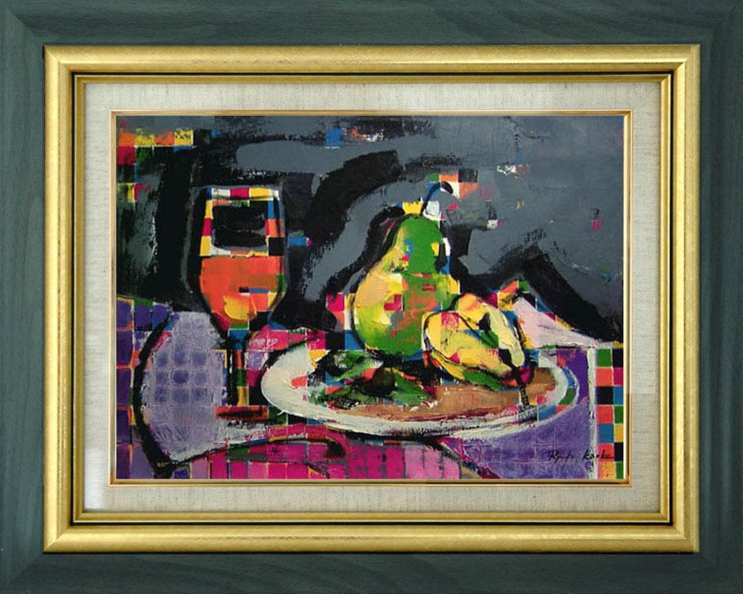 油絵 絵 絵画インテリア額付(青緑＋金色の枠) uF6-062204 静物 果物