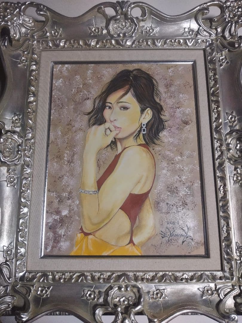 絵画、美人画、油彩6F、山本英二、瞳の先M真作、肉筆高級額縁、高塚省吾、森本草介