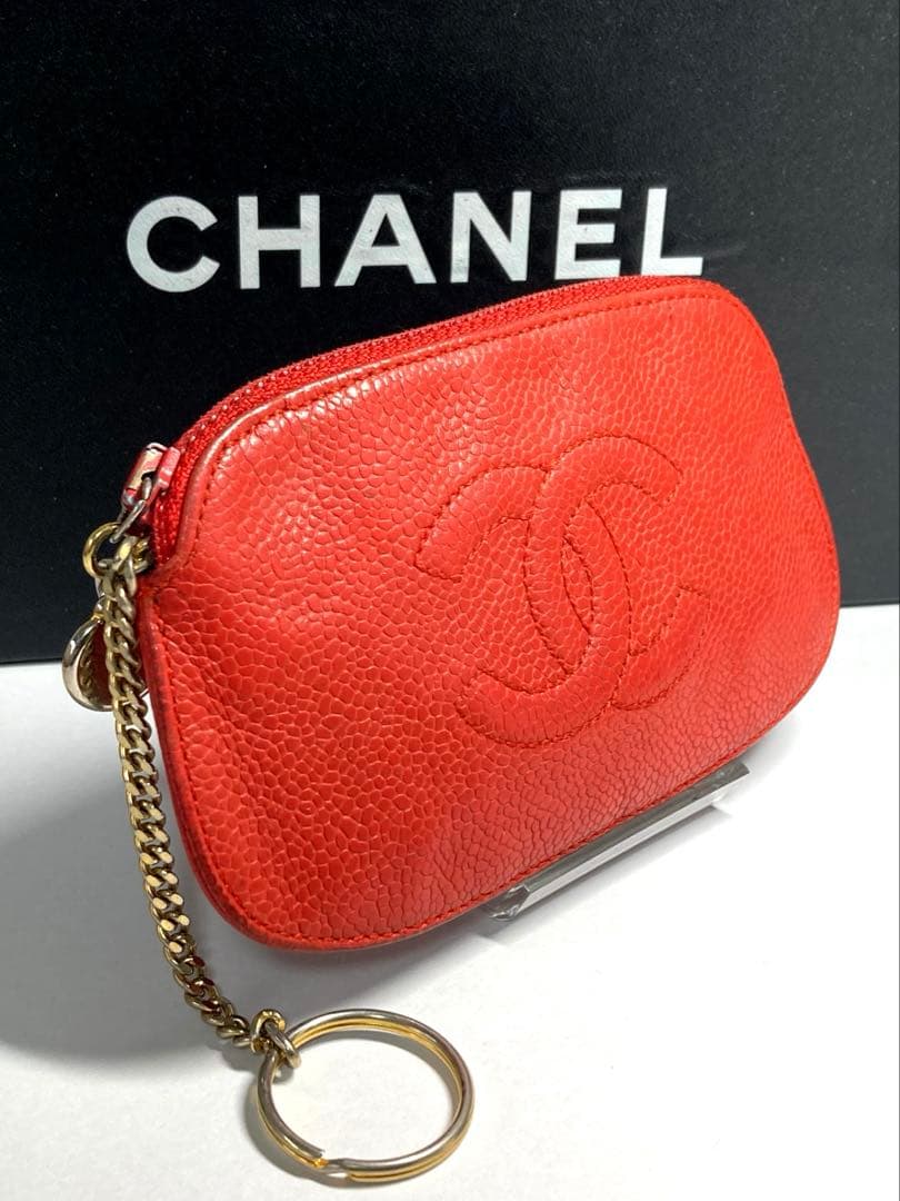 シャネル　キャビアスキン　ココマーク　ポーチ　ケース　カードケース　レッド