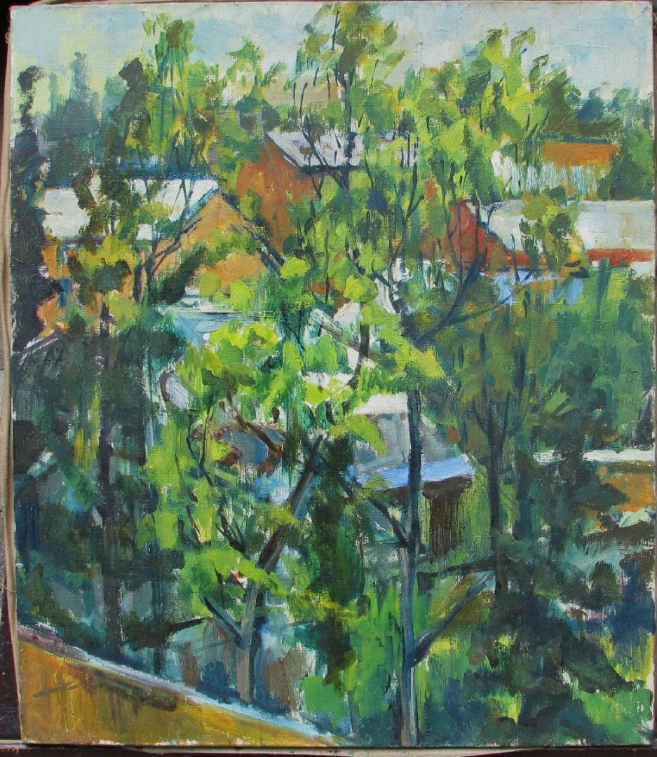 檜山健三,新緑風景,F10号油彩,最初期作,掘出物,70年以上前の作品