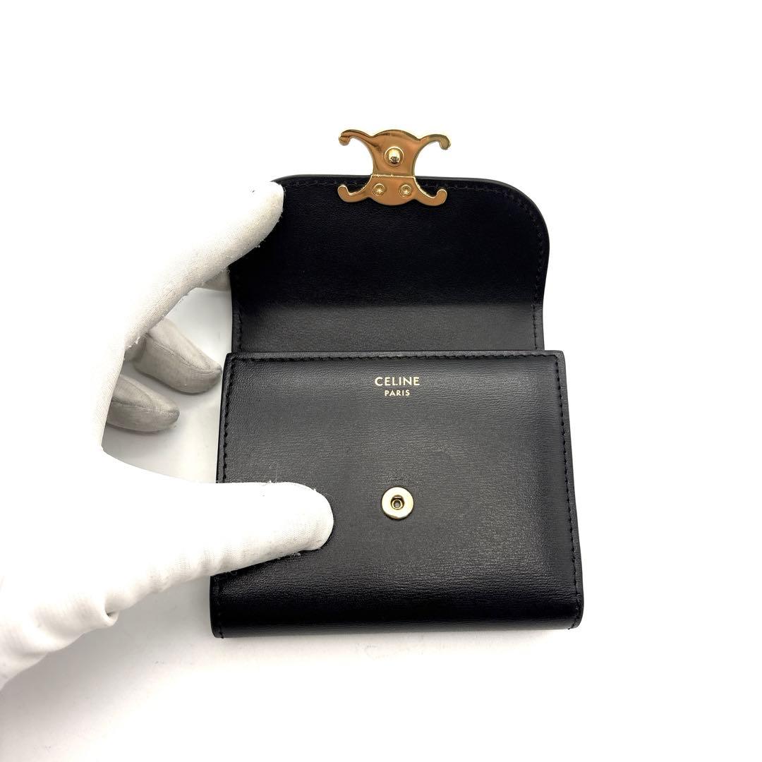 現行◆極美品◆CELINE 三つ折り財布 トリオンフ ブラック ゴールドロゴ