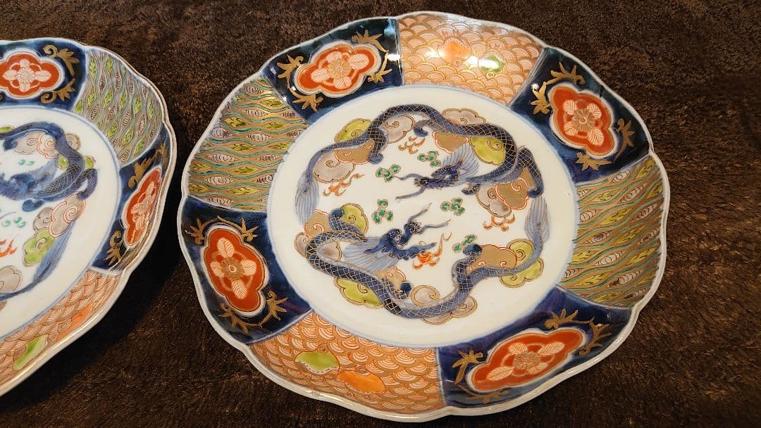 古伊万里　伊万里　大聖寺伊万里　大皿　双龍　小紋　八寸皿　３客