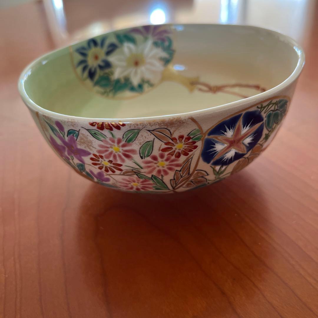 抹茶茶碗　壱休窯　仁清掛分団扇