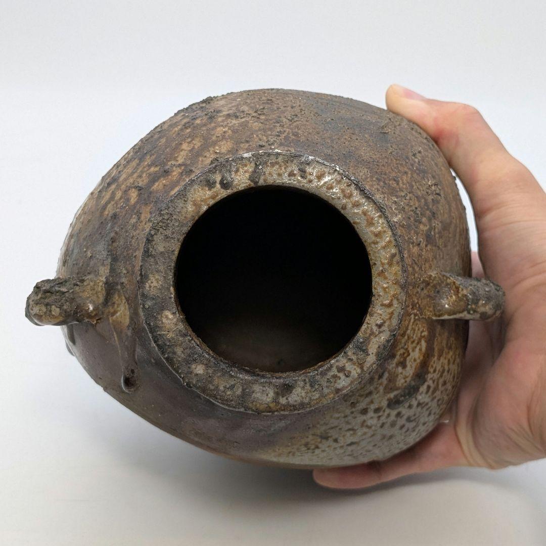 備前焼 窯変扁壺 扁壷 耳付花入 花器 フラワーベース 胡麻窯変 玉垂れ 花瓶