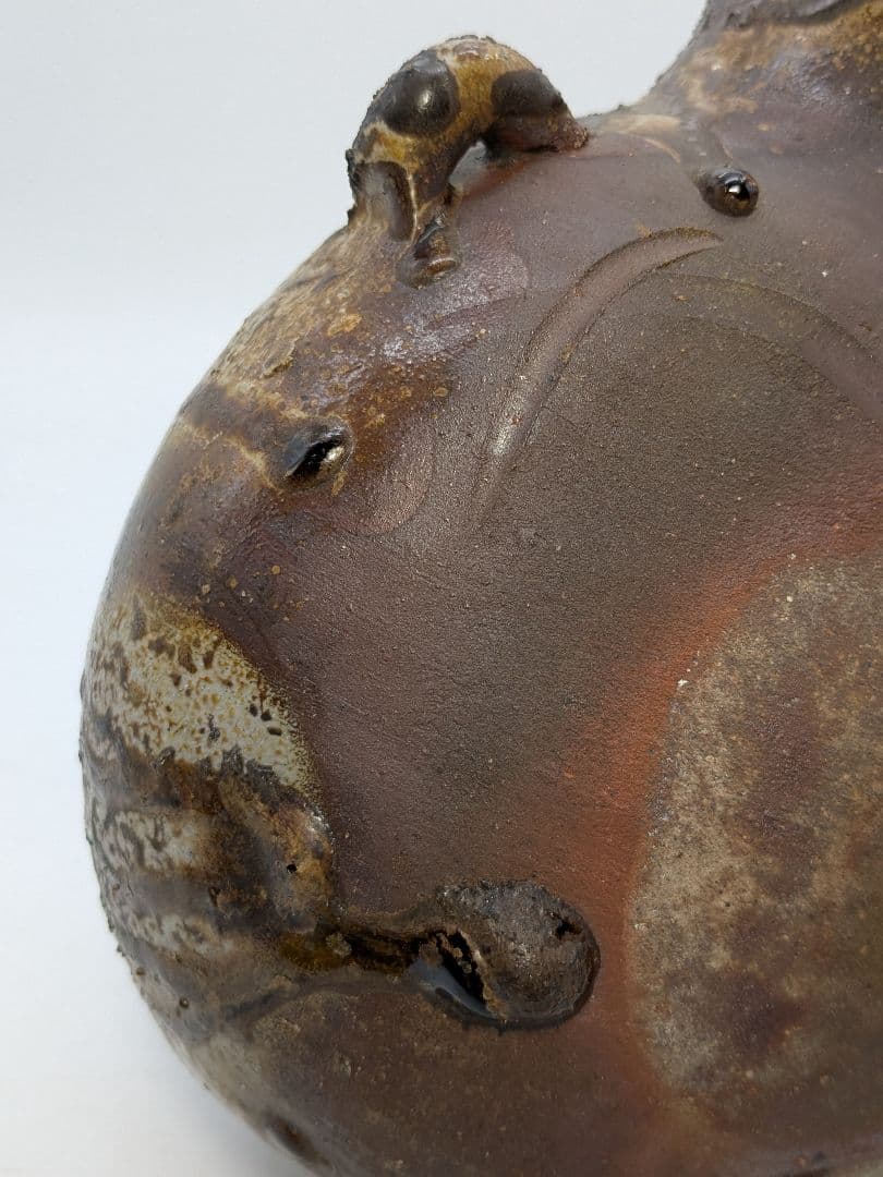 備前焼 窯変扁壺 扁壷 耳付花入 花器 フラワーベース 胡麻窯変 玉垂れ 花瓶