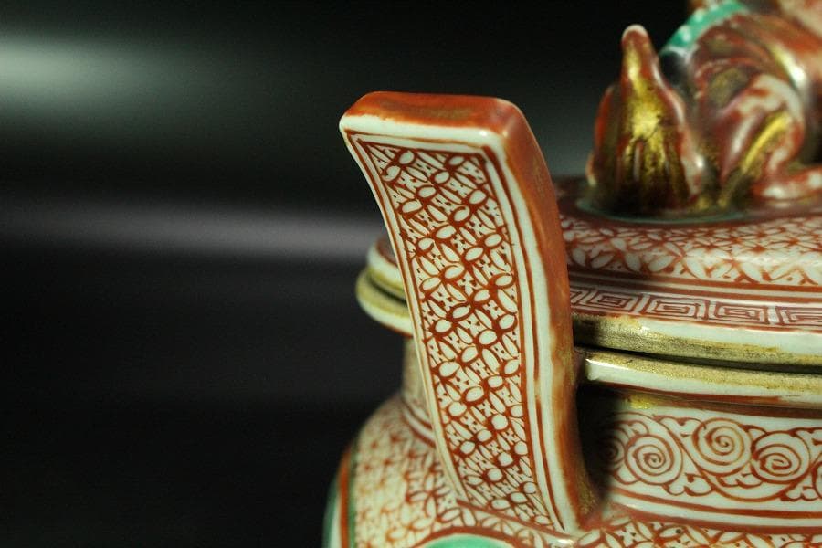 古美術 赤絵 獅子蓋 香炉 時代物 骨董 希少(K-YC530)