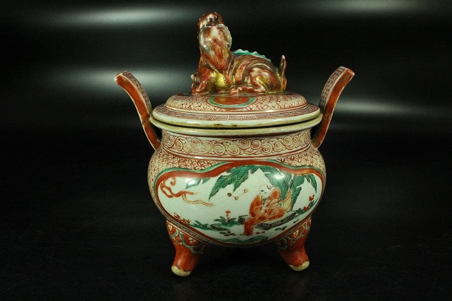 古美術 赤絵 獅子蓋 香炉 時代物 骨董 希少(K-YC530)