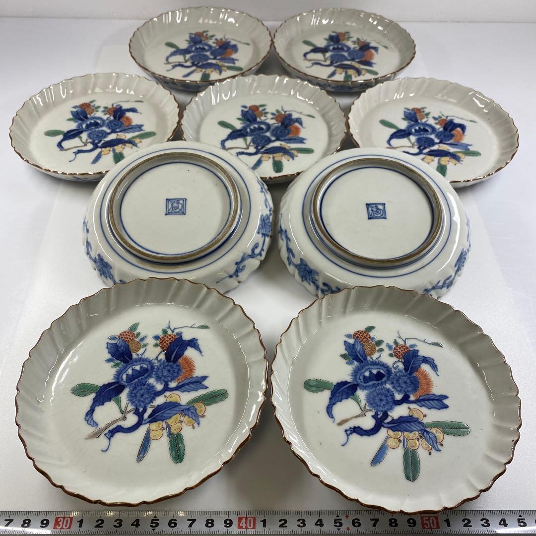 江戸後期　渦福柿右衛門手　栗図中皿9枚　幅約14.7㎝　東Y7-0314☆2F