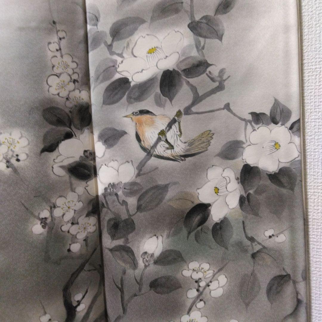 未使用品　訪問着 鳥と花模様白つばき グレーとホワイト、長襦袢付