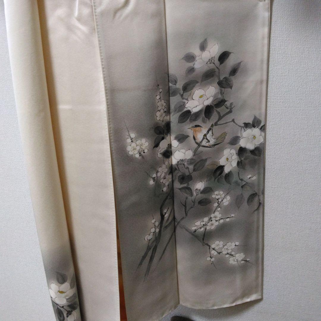 未使用品　訪問着 鳥と花模様白つばき グレーとホワイト、長襦袢付