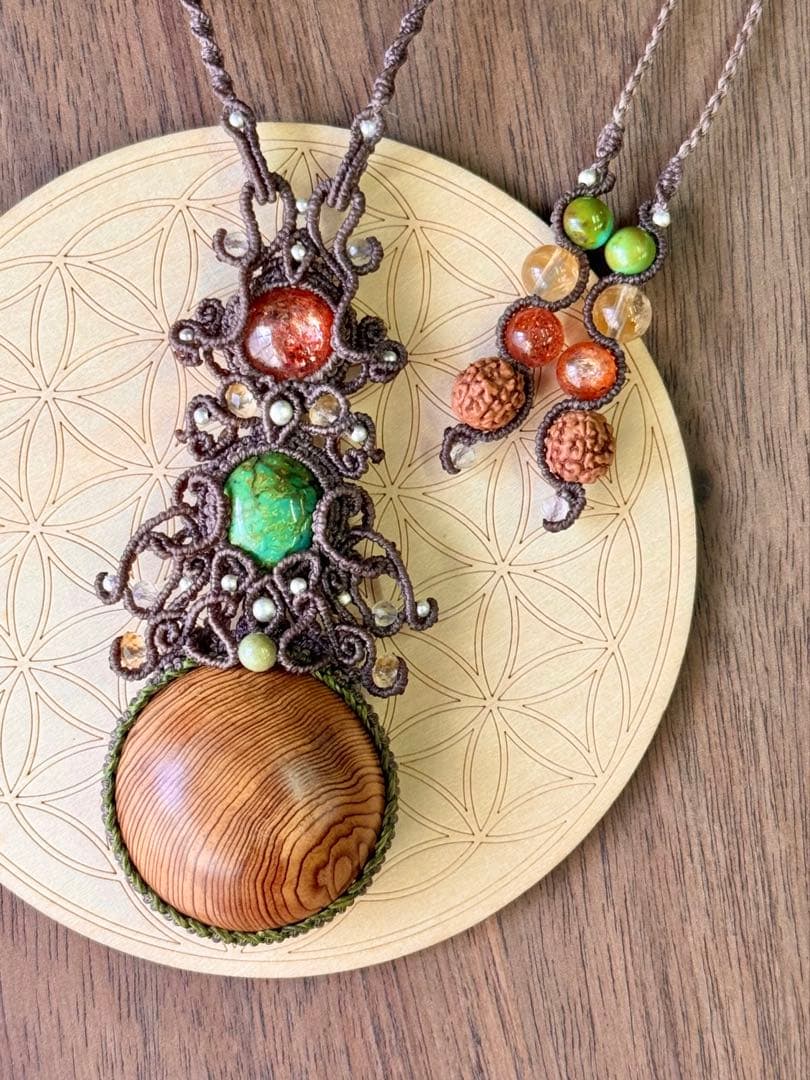 専用♡まん丸◯屋久杉＆チベタンターコイズ＆サンストーンのマクラメ編みネックレス♡