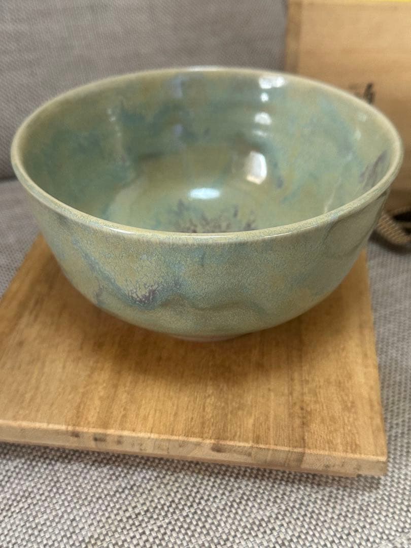 青緑色 陶器 茶碗 茶器　木箱付き