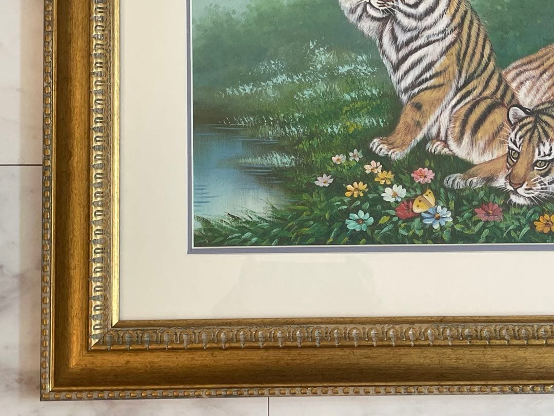 【開運絵画】「水辺の虎と蝶」の油彩画　超絶技巧　L.Chen