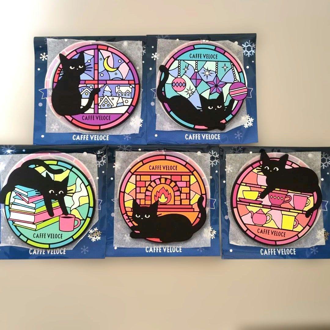 【新品未使用】カフェ・ベローチェ　黒ねこラバーコースター　全種類5枚セット