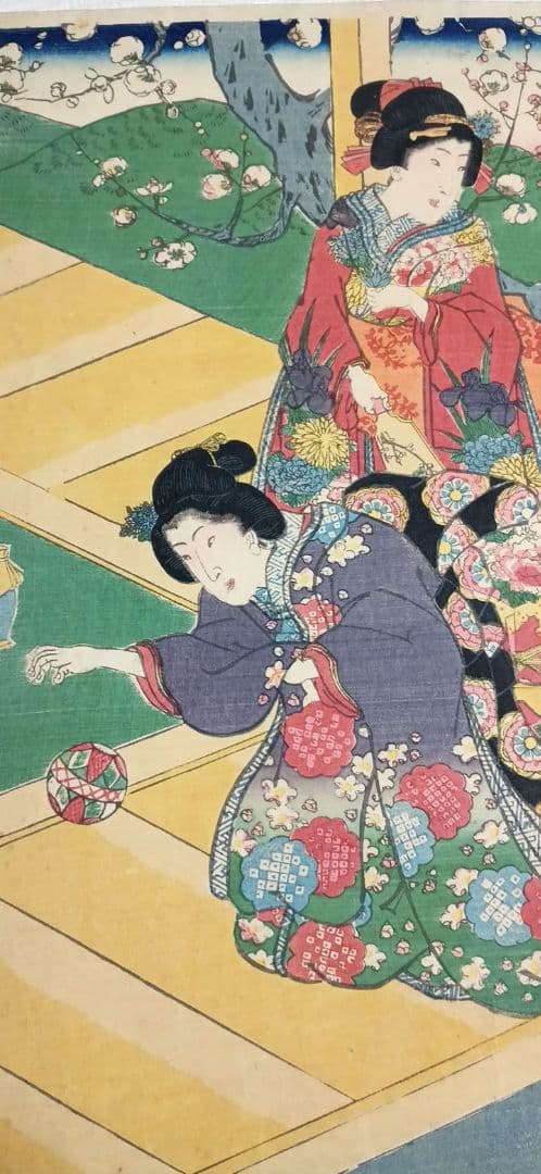 浮世絵、春色庭あそひ三枚綴り（偐紫田舎源氏)歌川房種画安政元年（1854)出版