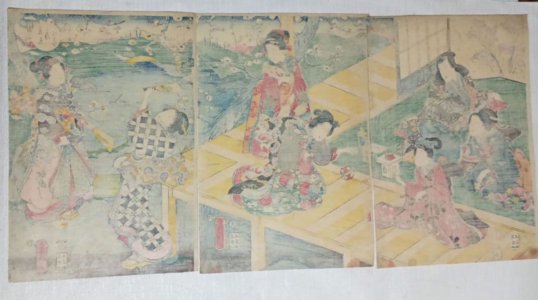 浮世絵、春色庭あそひ三枚綴り（偐紫田舎源氏)歌川房種画安政元年（1854)出版