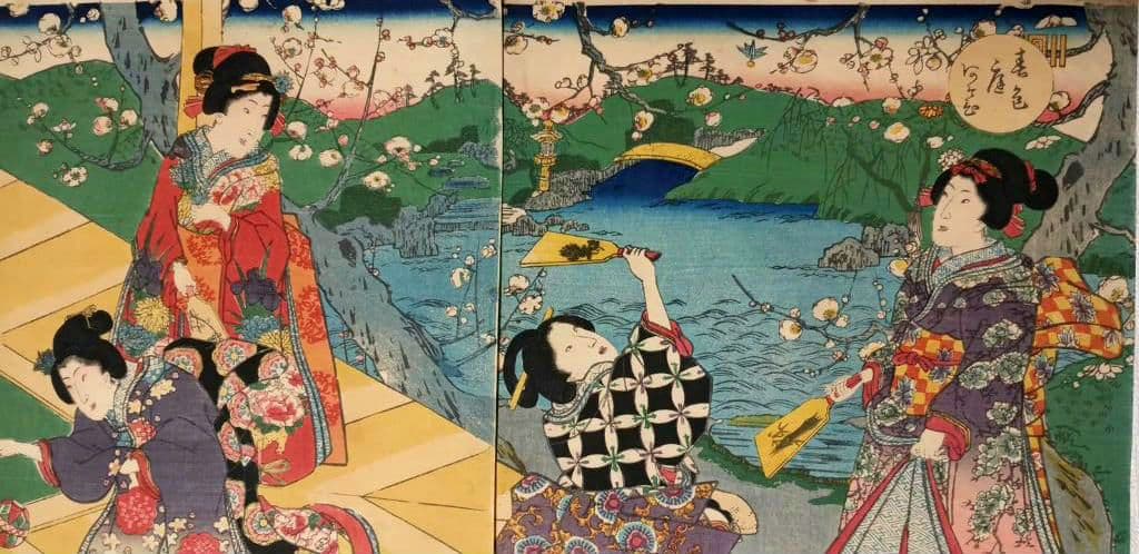 浮世絵、春色庭あそひ三枚綴り（偐紫田舎源氏)歌川房種画安政元年（1854)出版