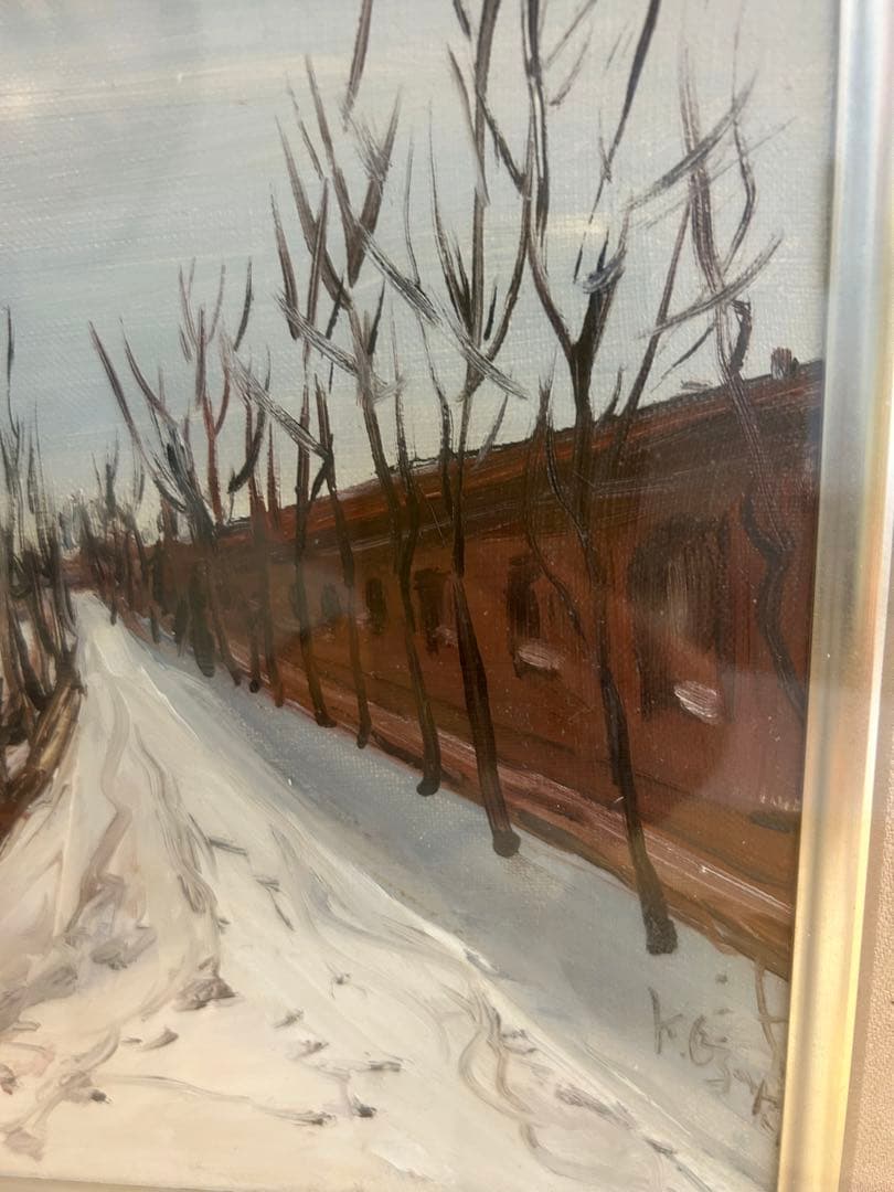 冬の風景 油彩画 金色額縁【尾崎菊信？】