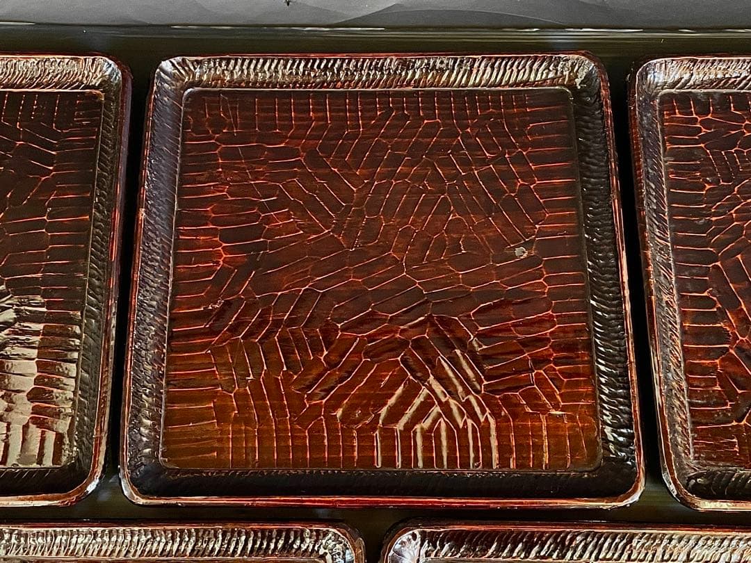 「母」 讃岐彫 四方膳 五客揃い 讃岐膳 讃岐盆 くり抜き （114Ｂ）