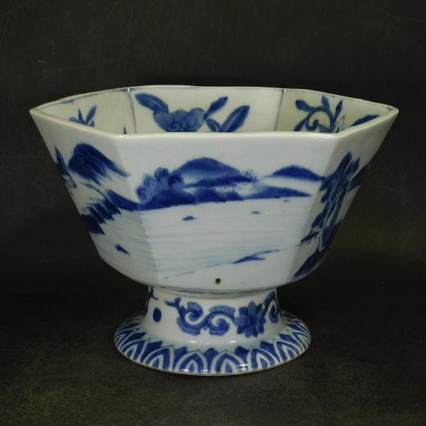 【時代磁器　山水染付内草花紋　八角形　大盃洗】