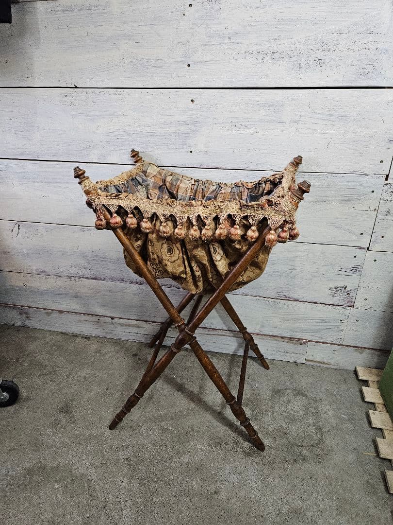 フランスアンティーク ソーイングスタンド 木製×ファブリック フリンジ 小物入れ