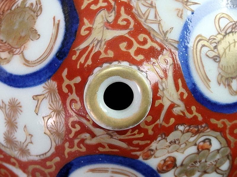 古伊万里　金襴手　鶴亀に松竹梅の図　油壷　D652-CHe