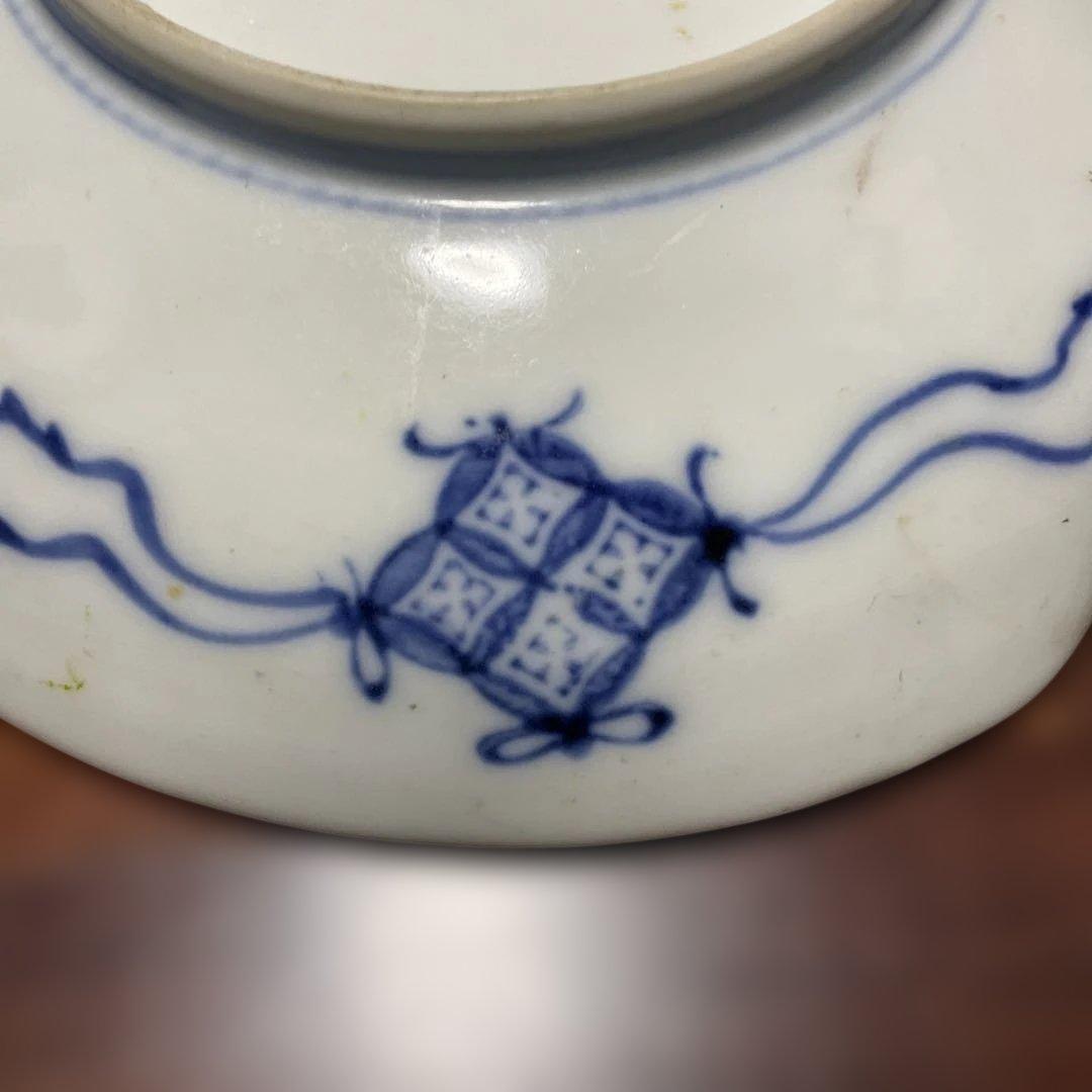 染付、鳥と植物の陶磁器丸皿,戦前、嘉祥製