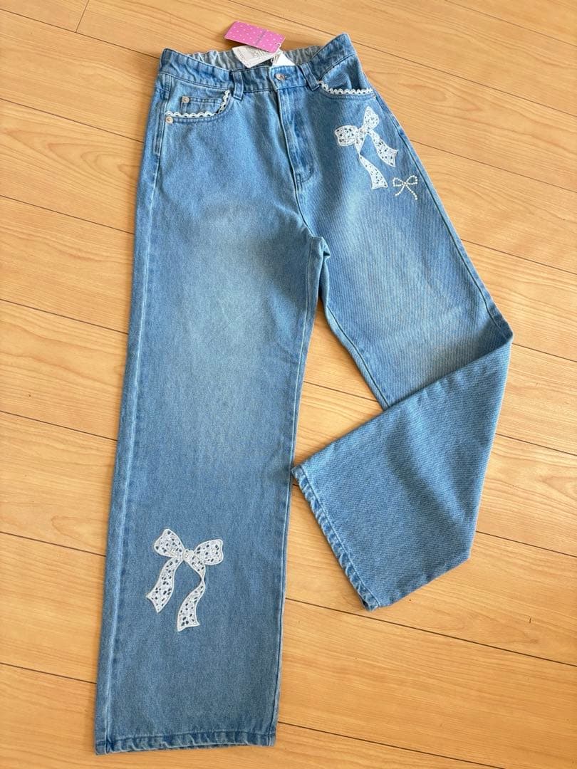 新品 mezzo piano ニコ☆プチ掲載 ワイドデニム 160 レースリボン