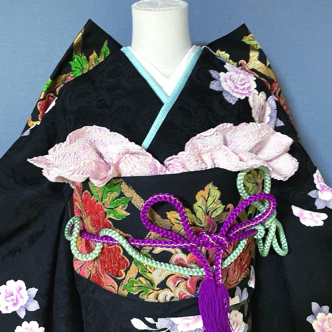 振袖フルセット　手描き友禅　紋意匠　成人式振袖　振袖　裄丈69 ほっそり華やか