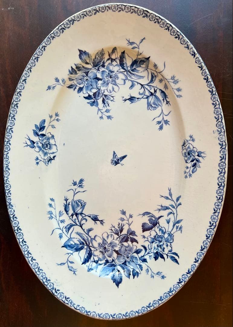 アンティーク ジアン Gien「MAI」オーバル皿 青絵・花と蝶