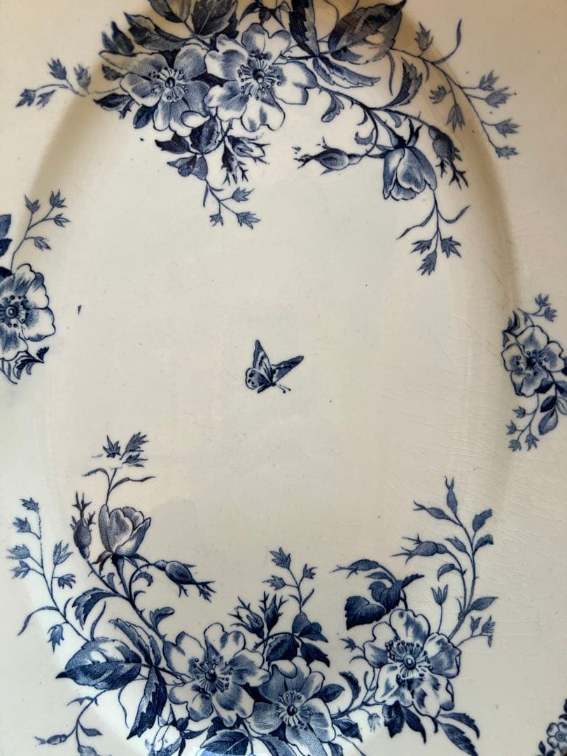 アンティーク ジアン Gien「MAI」オーバル皿 青絵・花と蝶