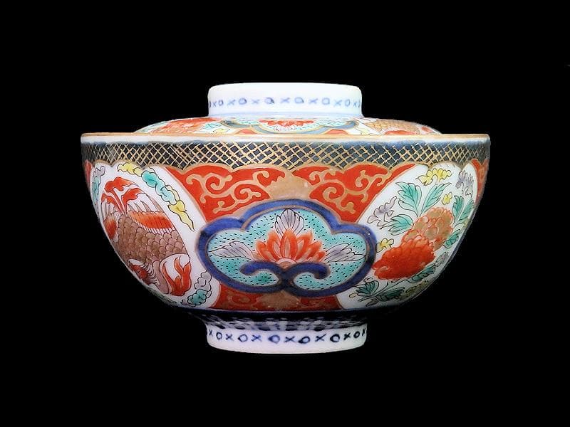 古伊万里　金襴手　鳳凰に牡丹の図　蓋茶碗　C002AS-fbrf