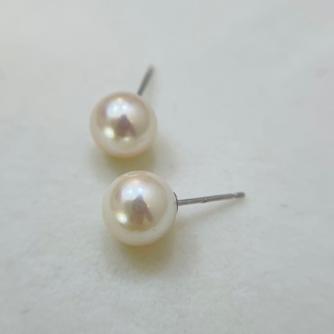 PT900 あこやパールピアス 特選本真珠 花珠 9mm ピンクホワイト系少大粒