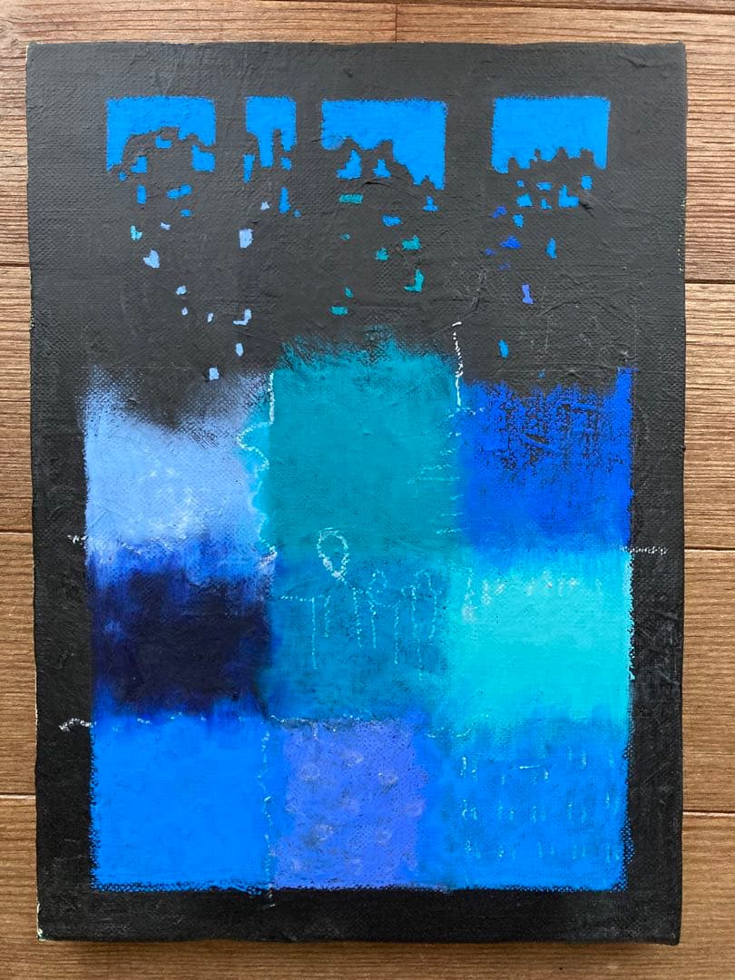 タイトル「青派」オイルパステル画　絵画　青い絵