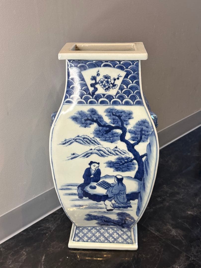 清時代 中国大清康熙年製 四方青花染付 双獅子耳花瓶 人物風景詩文 骨董品