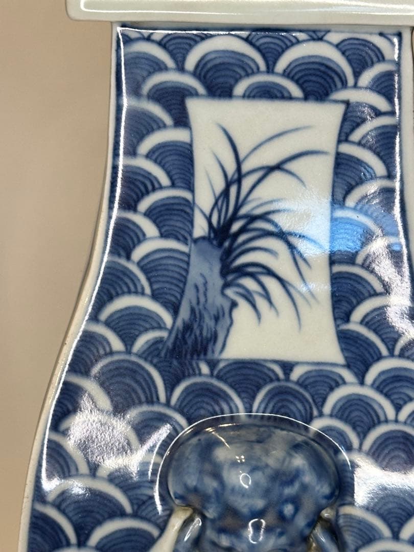 清時代 中国大清康熙年製 四方青花染付 双獅子耳花瓶 人物風景詩文 骨董品