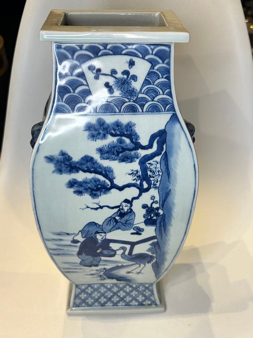 清時代 中国大清康熙年製 四方青花染付 双獅子耳花瓶 人物風景詩文 骨董品