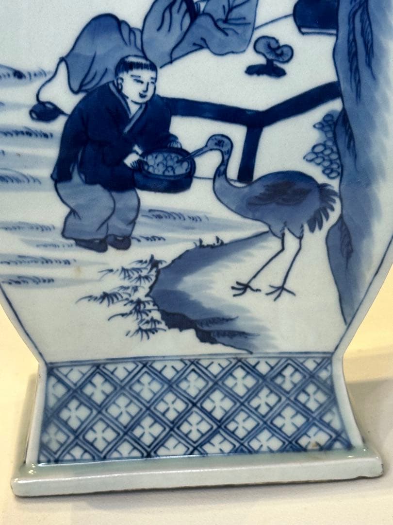 清時代 中国大清康熙年製 四方青花染付 双獅子耳花瓶 人物風景詩文 骨董品