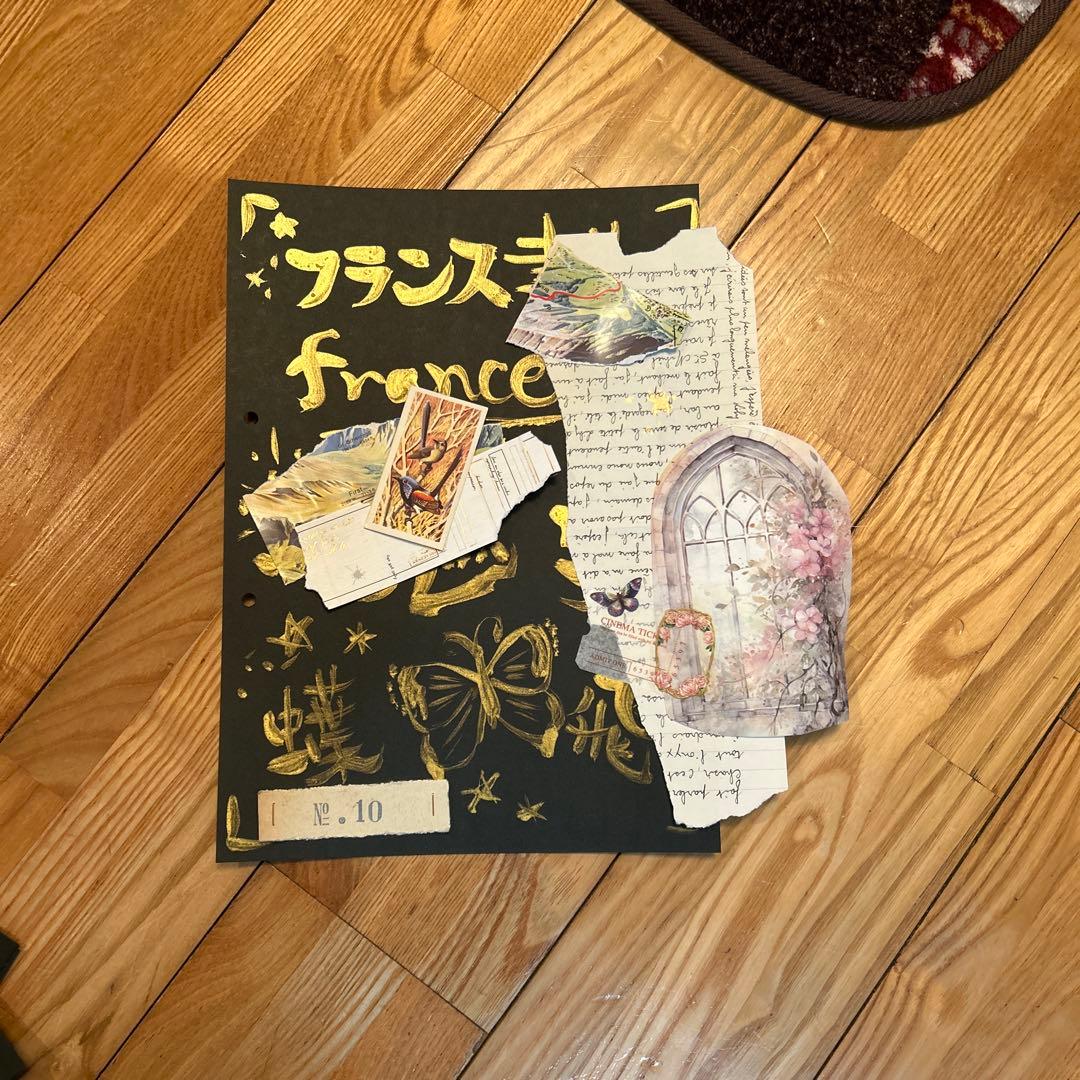 艶猫旅｜黒×金 作品ジャンクジャーナル5枚セット猫足跡merci紙ものコラージュ