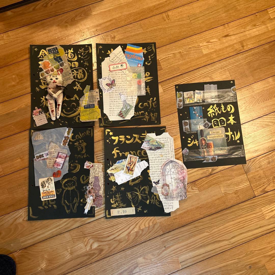 艶猫旅｜黒×金 作品ジャンクジャーナル5枚セット猫足跡merci紙ものコラージュ