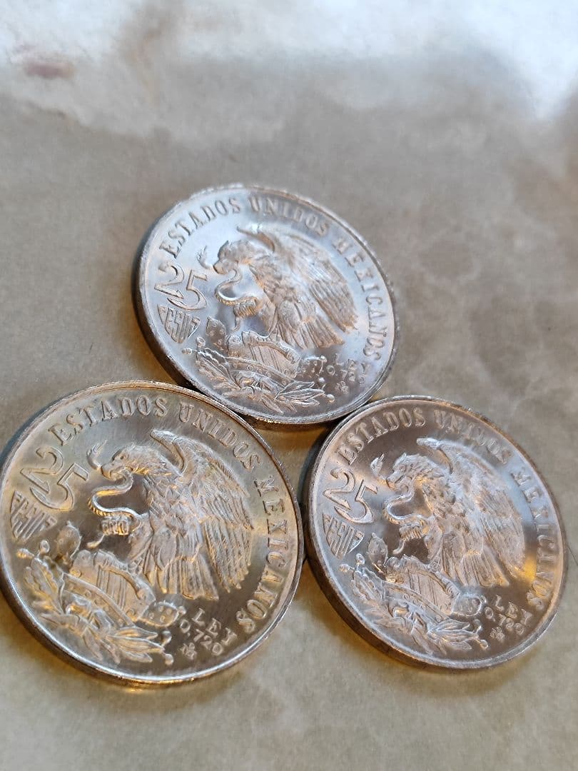 1968年メキシコオリンピック記念25ペソ銀貨　三枚　保存状態　良