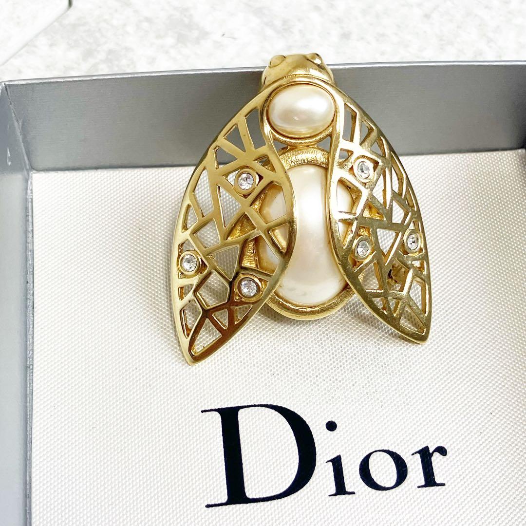 美品✨クリスチャン　ディオール　ブローチ　蜂　パール　ラインストーン　ゴールド