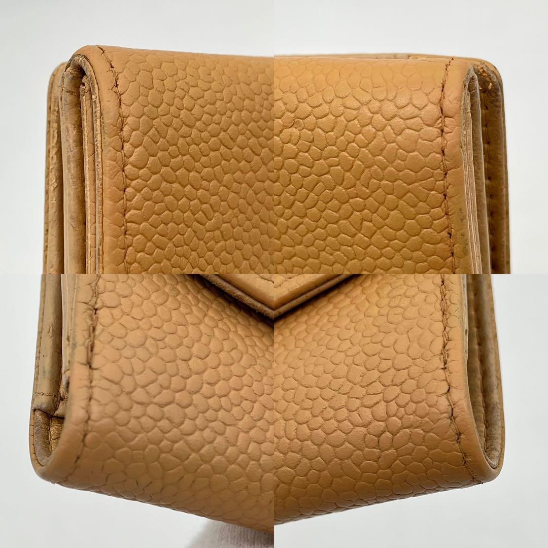 シャネル 二つ折り財布 ココマーク キャビアスキン Wホック レザー ベージュ