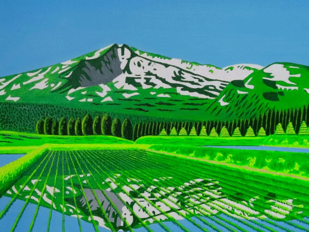 ★鳥海山と水田・肉筆油彩画・F6キャンバス