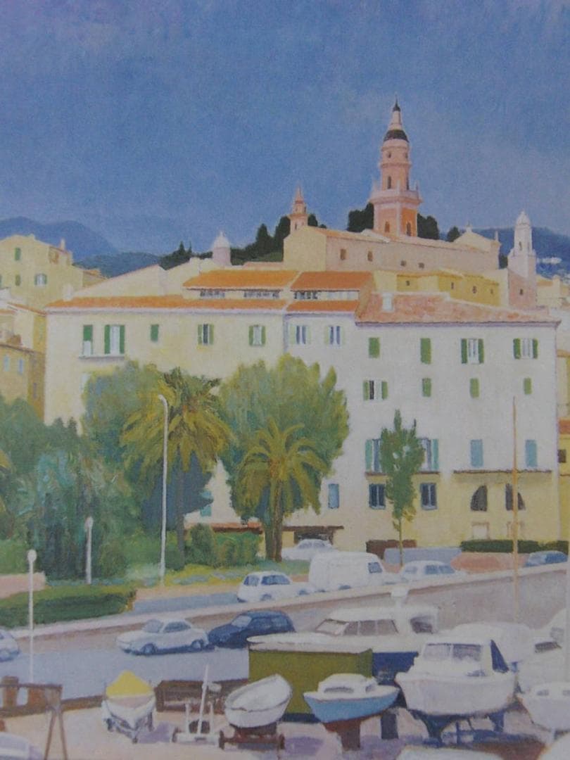 大附晋、【地中海の港町】、希少な額装用画集より、新品額装付