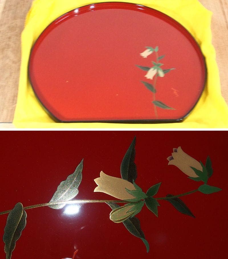 【ほぼ未使用】輪島塗 五作家合作 絵変わり蒔絵 朱塗 卓上膳5客 半月膳/会席膳