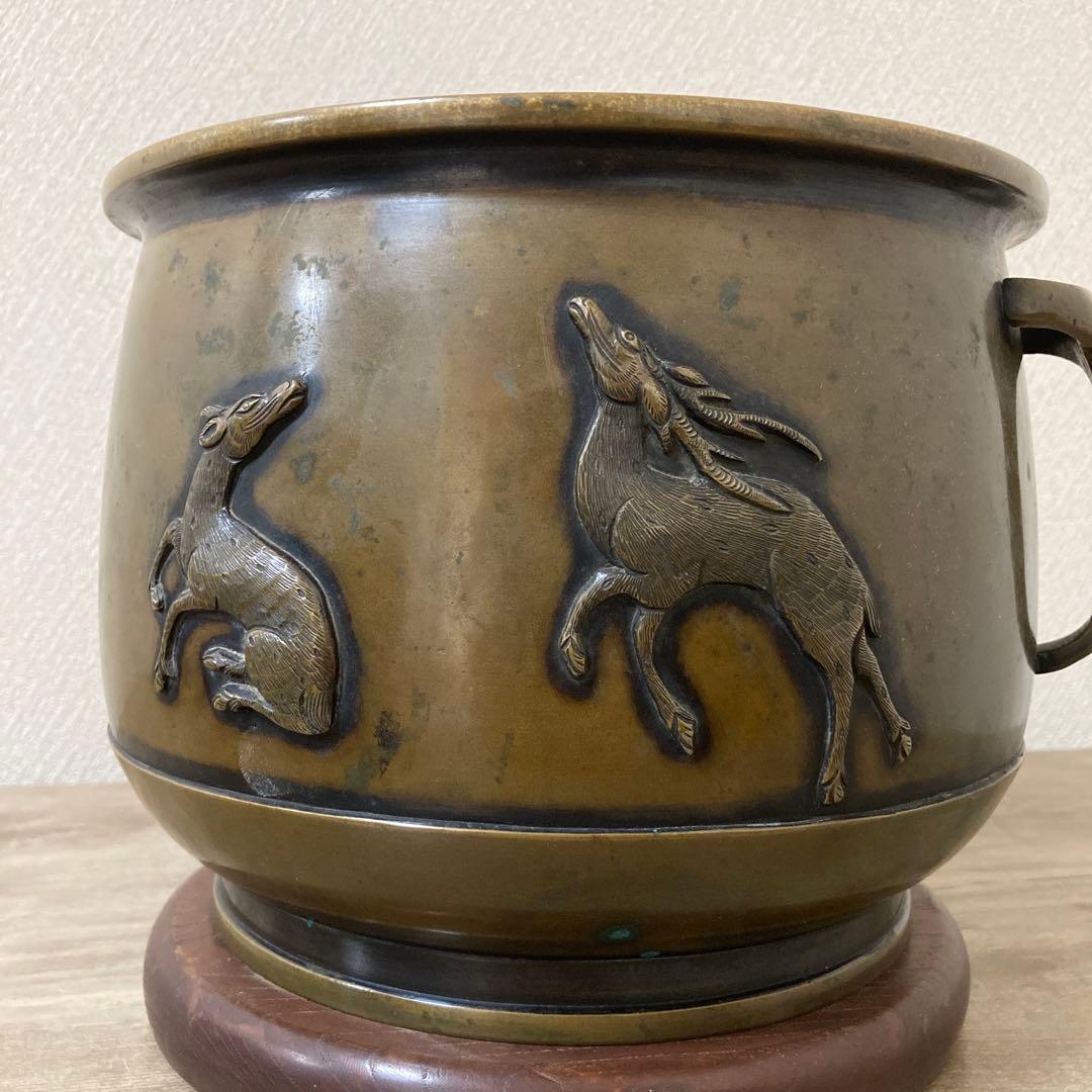 時代銅火鉢　壱対　宣徳火鉢　江戸文政　手炙り　アンティーク　珍品　高肉彫