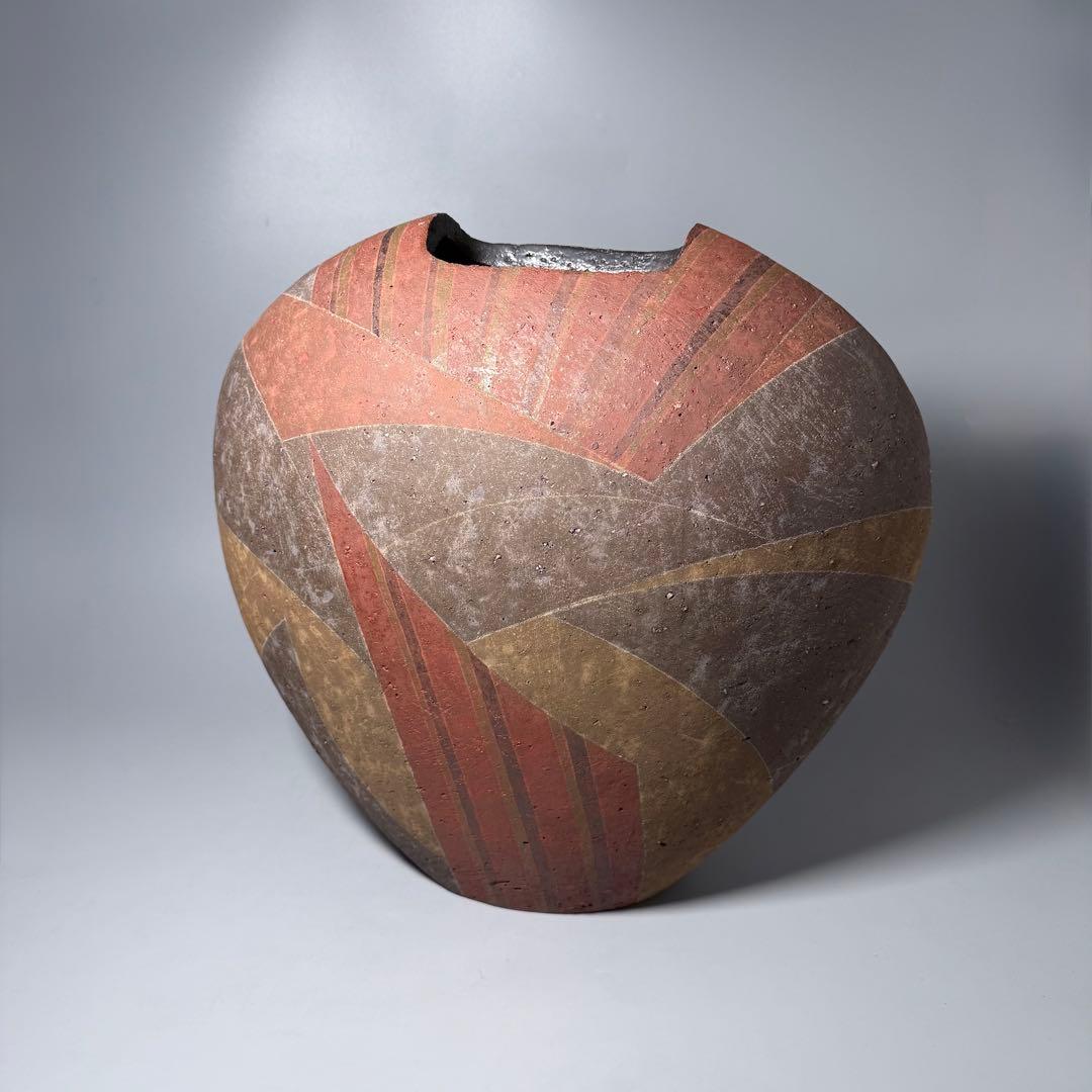 石原祥嗣　本人作　「暗泥彩花器」　高さ39cm 共箱　エントランス　オブジェ