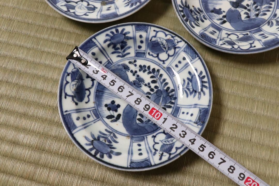 【CM69】古伊万里 芙蓉手 染付皿 三客 江戸期 虫図 飛蝗 草花 宝尽